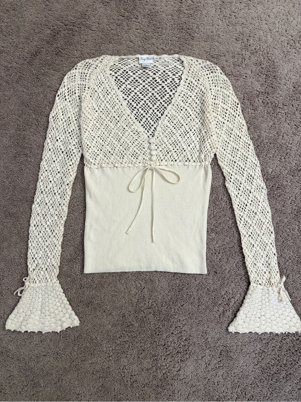 Tracy Reese Crochet Shirt Women size Small Ivory Bell Sleeve Vneck Knit Top